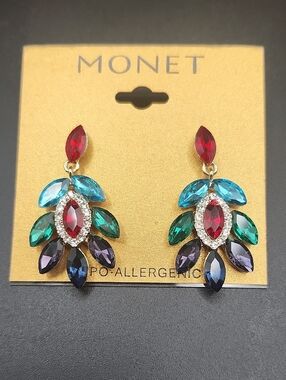 Monet Multicolor Crystal Drop Earrings - Red, Teal, Green, Purple